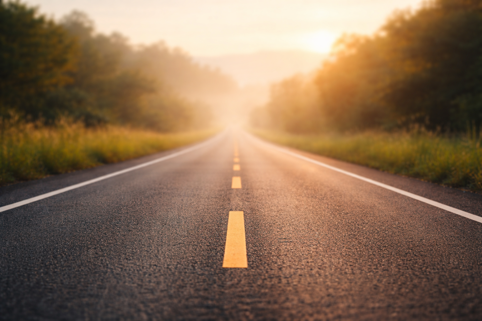 Droga o świcie prowadząca przed siebie, delikatna mgła i wschodzące słońce – tło do cytatu o działaniu zamiast czekania