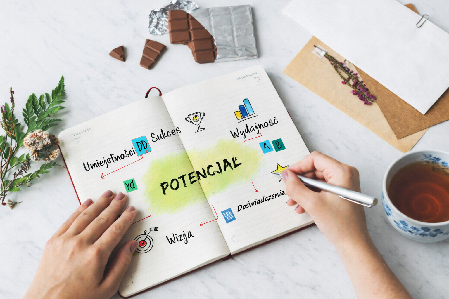 Notatnik z hasłem Potencjał i słowami Sukces, Wizja, Umiejętności – artykuły o psychoterapii i pracy z wnętrzem