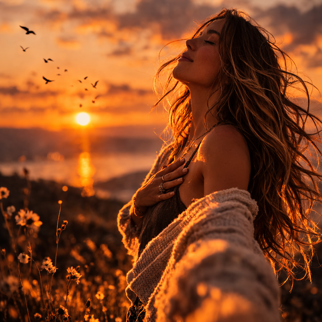 Kobieta stojąca na wzgórzu o zachodzie słońca z ręką na sercu, symbol wyboru siebie, samoakceptacji i rozwoju osobistego.